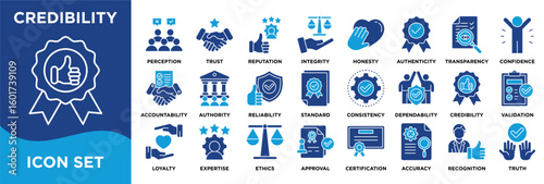 CREDIBILITY icon collection set. Containing credibility,trust,reputation,integrity,honesty,authenticity,transparency,ethics,accountability,loyalty icon. dual tone vector.