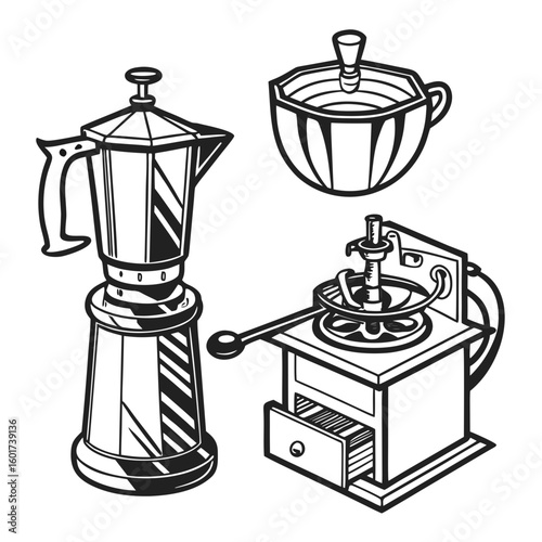 Moka pot coffee grinder and cup sketch coffee cup black and white