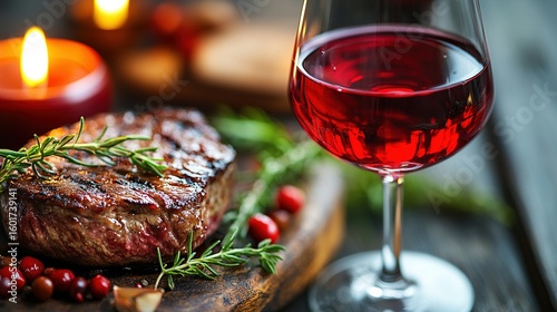 Grilled steak with red wine on a rustic wooden board.