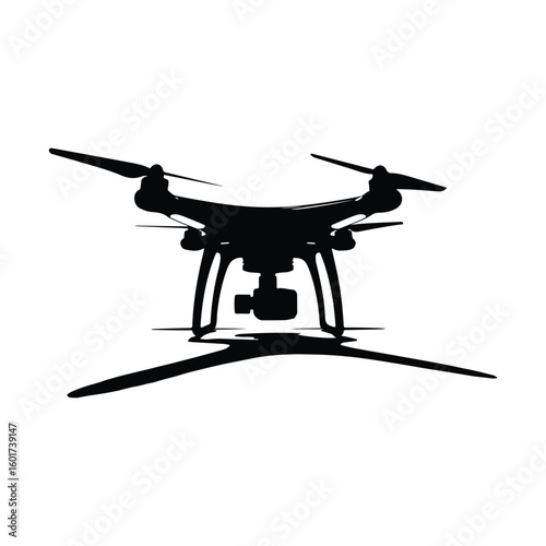 Black silhouette of a quadcopter drone with camera and propellers aerial photography
