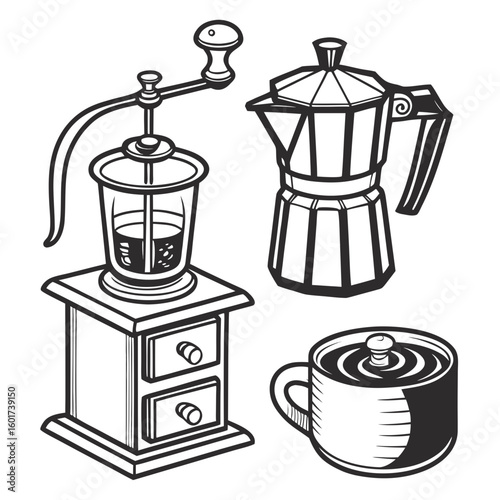 Monochrome sketch of coffee grinder moka pot and cup coffee cup
