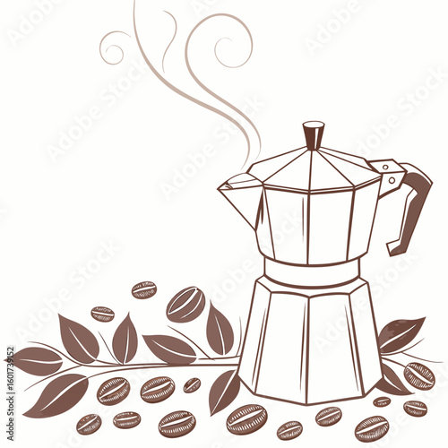 Moka pot with coffee beans and leaves coffee leaves brown