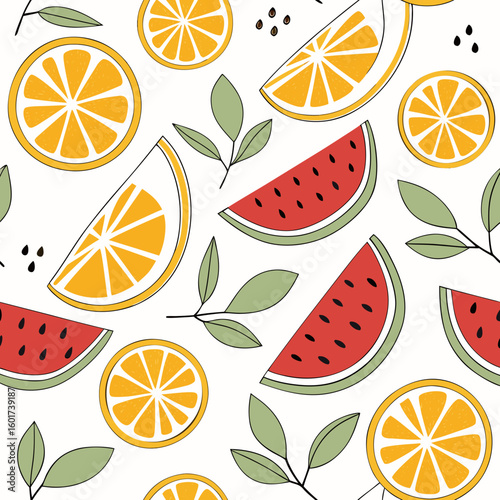 Orange and watermelon slices with green leaves pattern orange slices summer fruits