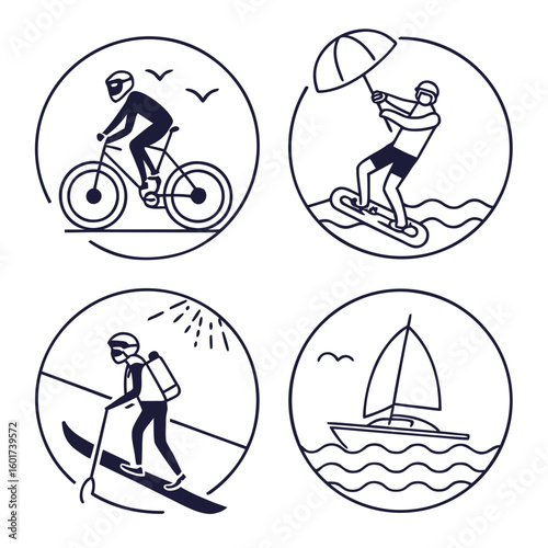 People enjoying outdoor recreational activities cycling kitesurfing
