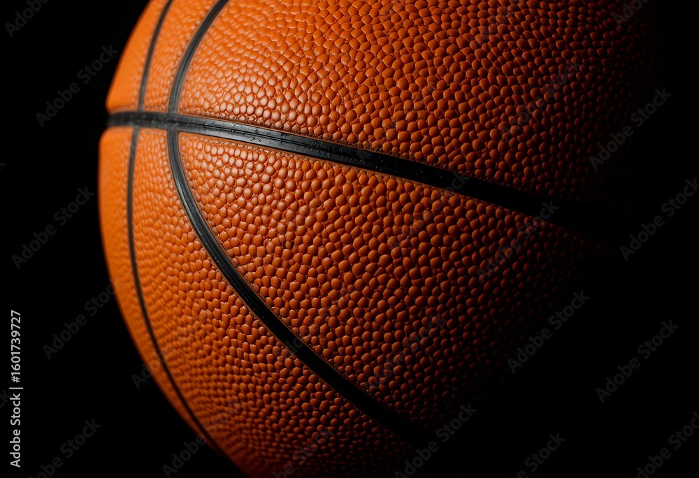 Fototapeta premium Close up detailed texture of an orange basketball ball with black lines on black background