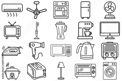 Collection of Essential Home Appliances Icons: A collection of essential home appliances, each icon meticulously crafted in a clean, modern style.