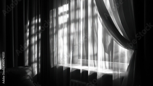 Sunlit Curtains: A Black and White Study in Light and Shadow