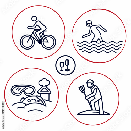Resort activities cycling swimming snorkeling cooking dining vector