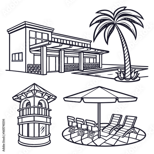 Resort building palm tree pool lounge chairs umbrella tower vector