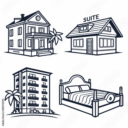 Resort buildings and bed collection accommodation suite