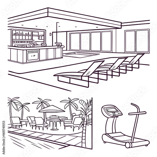 Resort lounge bar pool lounge chairs treadmill palm trees vector