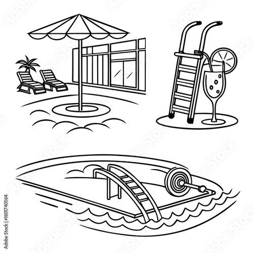 Resort leisure lounge chairs umbrella pool drink vector
