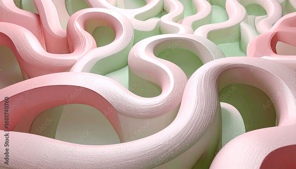 Obraz premium Abstract design of flowing, curved lines in soft pink and mint green.