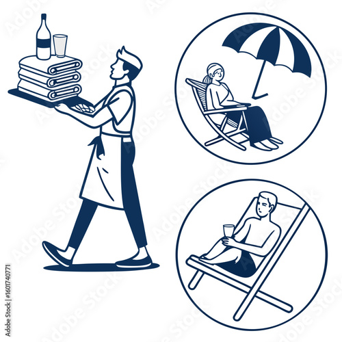 Resort staff serving drinks and towels to guests relaxing service