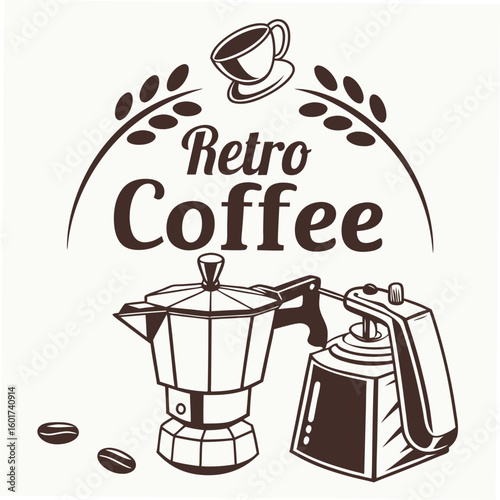 Retro coffee design with moka pot and coffee cup coffee beans