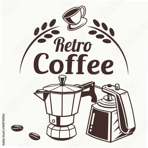 Retro coffee design with moka pot and coffee cup coffee beans