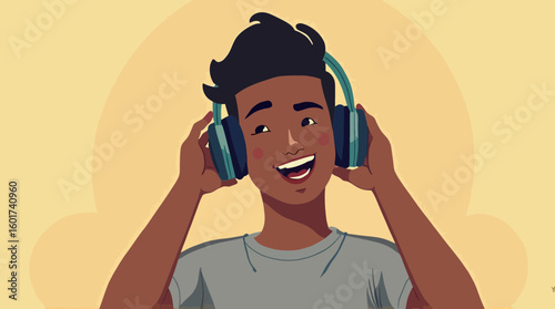 Cheerful dark-skinned young man enjoying music with teal headphones on head