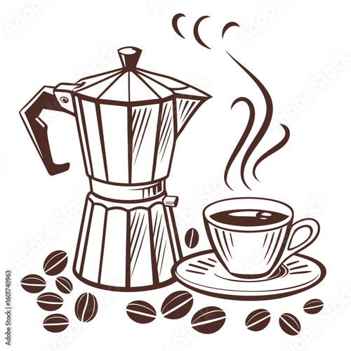 Retro coffee maker cup and beans espresso moka pot