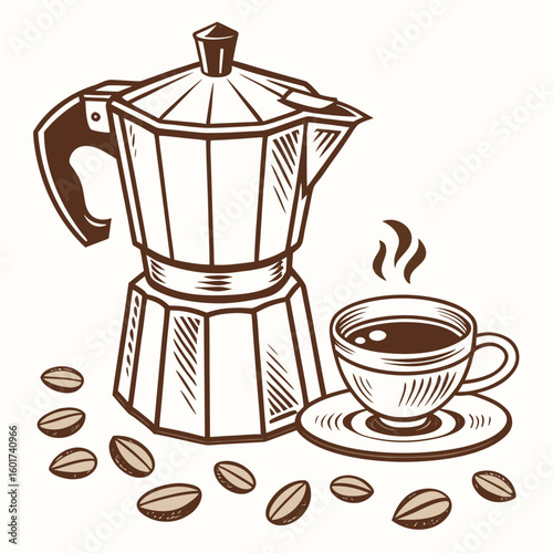 Retro coffee maker with steaming cup and beans coffee cup coffee beans