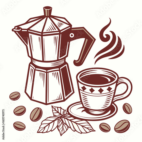 Retro coffee pot cup beans leaves steam espresso moka pot