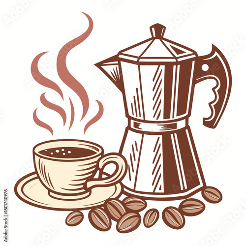 Retro coffee pot cup and beans with steam espresso mocha pot