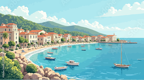 Coastal Mediterranean town with boats, beach, and mountains illustration