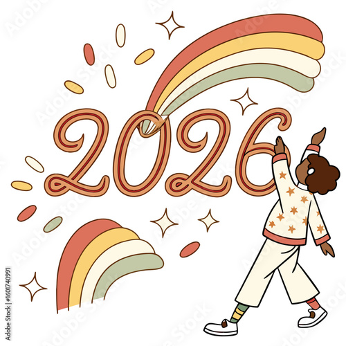 Retro new year celebration with colorful rainbows and stars 2026
