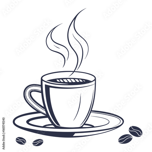 Steaming coffee cup with beans on saucer coffee beans hot beverage