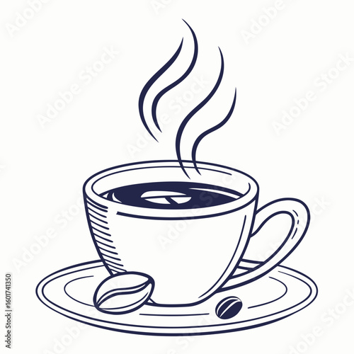 Steaming coffee cup with beans on saucer vector