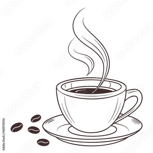 Steaming coffee cup with beans on saucer vector