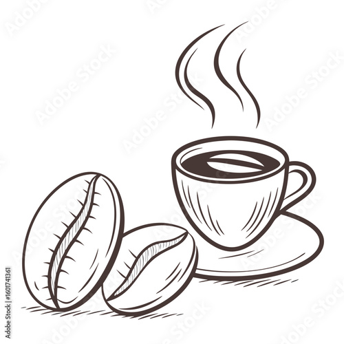 Steaming Coffee Cup with Beans saucer