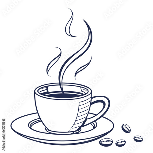 Steaming coffee cup with beans saucer