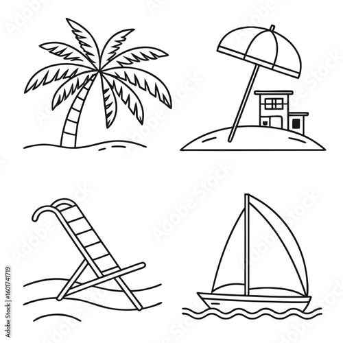 Tropical beach resort elements palm tree umbrella chair sailboat beach umbrella lifeguard tower