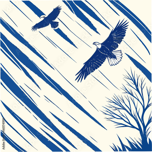 Two eagles soaring with abstract blue brush strokes bird flight