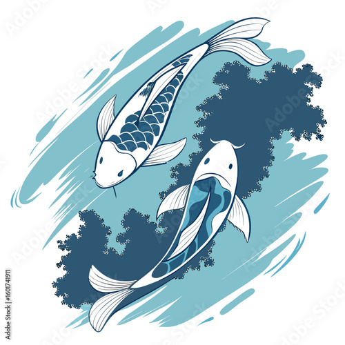 Two koi fish swimming through stylized blue waves carp water