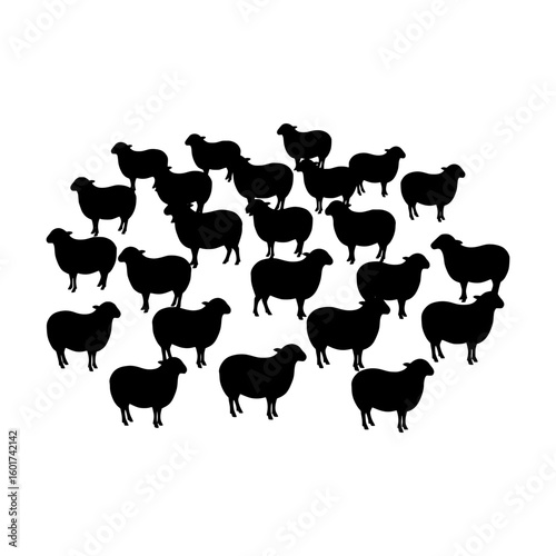 Flock of Black Sheep Silhouettes Crowded Together on a White Background Depicting Livestock Herd and Agricultural Themes
