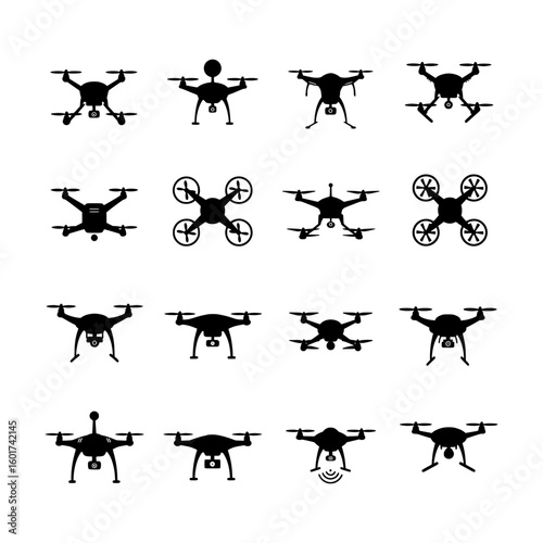 Collection of Sixteen Black Drone Silhouettes in Various Styles and Configurations on a White Background Representing Unmanned Aerial Vehicles and Modern Technology