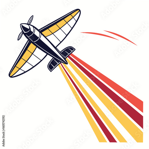 Vintage airplane with yellow wing and red exhaust trails aviation flight