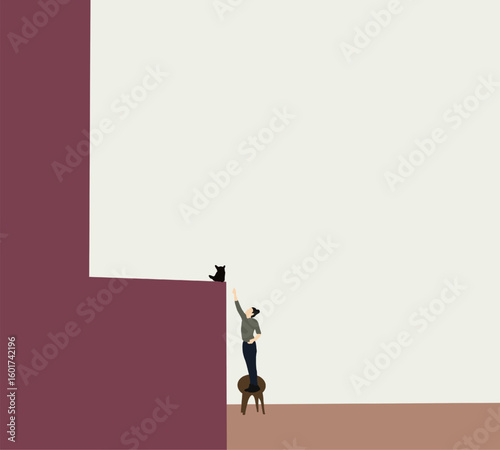 Woman help the cat getting down building. Good relationship, friendship, neighborhood concept. Minimal art design.