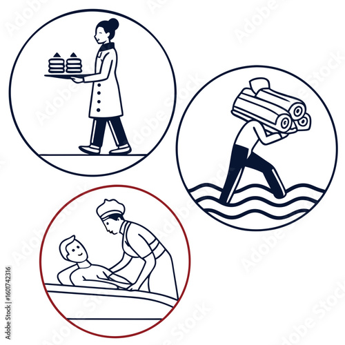 Waiter serving food man carrying logs person receiving massage service delivery