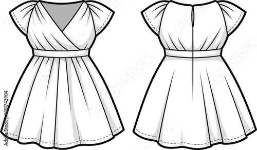 Front and back fashion illustration of pencil skirt, CAD drawing vector layout, elegant garment design, stylish clothing template sketch