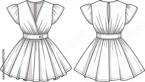 Pencil skirt fashion technical sketch front and back, CAD vector drawing, stylish clothing template, garment construction design, apparel illustration