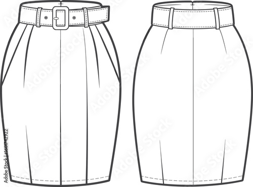 CAD drawing of pencil skirt, flat vector fashion sketch front and back, stylish clothing design, garment construction template, apparel illustration