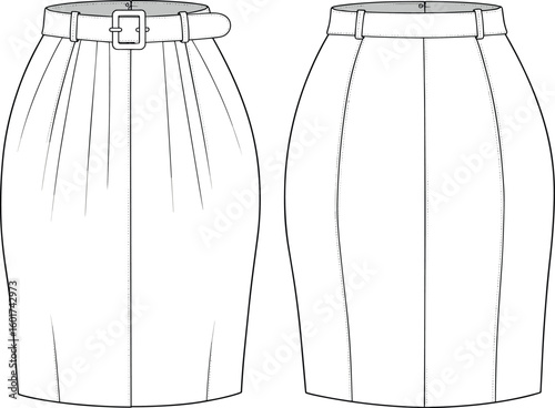 Pencil skirt front and back view, technical garment illustration, detailed CAD drawing, professional fashion template, vector clothing sketch layout