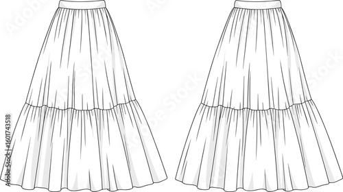 Tiered skirt fashion sketch front and back views, sash waistband and layered hem detail, garment template, cad drawing flat vector illustration