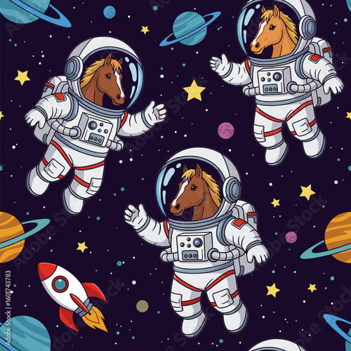 Cute horses in spacesuits floating in space, perfect for kids' apparel or space-themed websites.