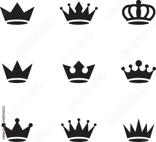 Nine minimalist black crown emblems royal symbol