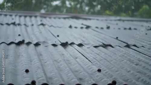 Heavy Rain Hitting Corrugated Metal Roofing With Overcast Sky In Rainy Weather
