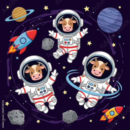 Three cute cows in astronaut suits floating in space, perfect for children's books, textiles, or websites.