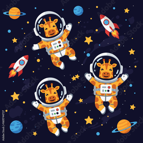 Cute giraffes in spacesuits floating in space, perfect for children's books, websites, or apparel.